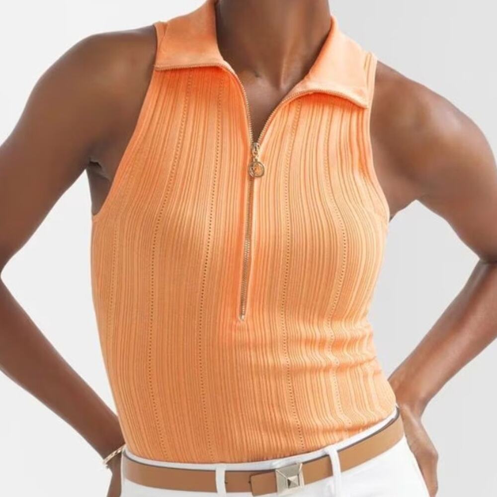 White House Black Market Peach-Orange Ribbed Zip-Neck Tank